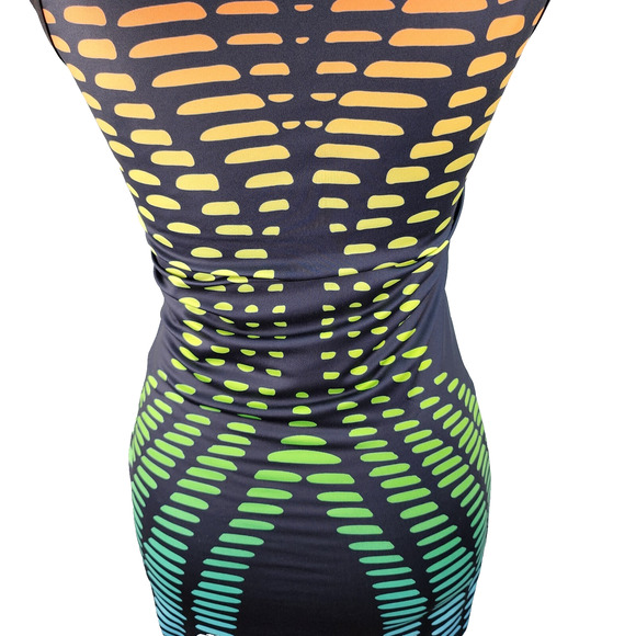 Y2K Bodycon Dress JR Medium Black Rainbow Dashes Dots Stretch Sexy Party Clubwea - Picture 9 of 15